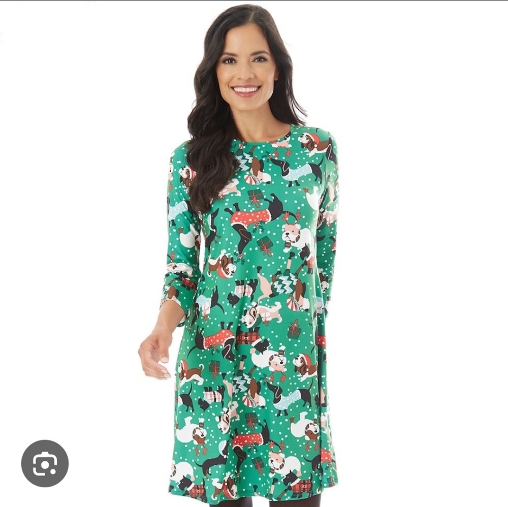 Christmas Dogs Puppies Holiday Tunic Top Green Long Sleeve Swing Dress L